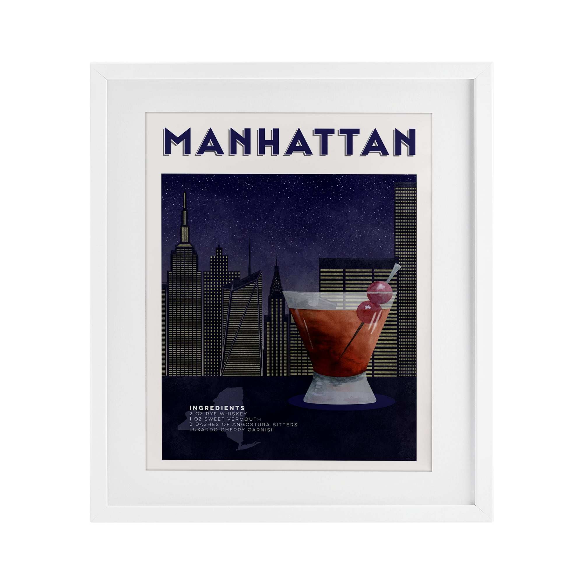 Retro Manhattan Cocktail Cityscape White Framed Print Under Glass, design by Brett Blumenthal