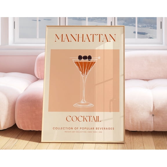 Retro Manhattan Cocktail Reciepe Print, Vintage Wall Art Design In Blue, Modern Eclectic Home Gallery Wall Bar Kitchen Decor Gift For Friend Wall Art, Modern Wall Decor, 24x36 UNFRAMED
