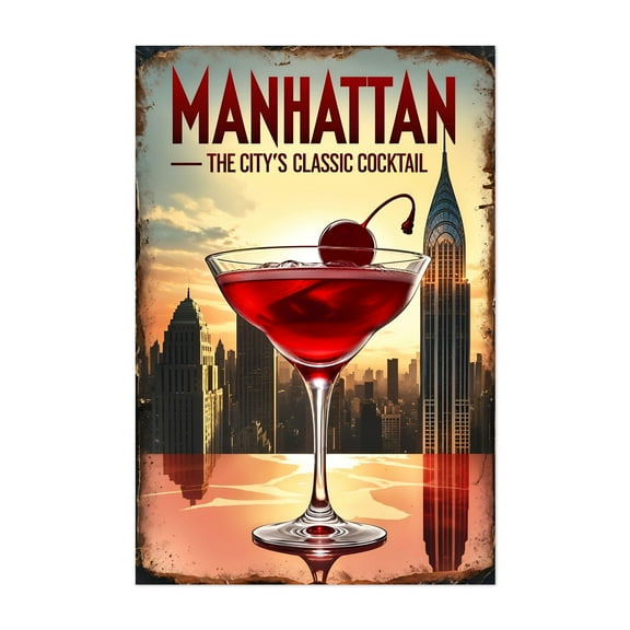 Retro Manhattan Drink Art: Timeless City Charm - Manhattan New York Illustration Cocktail Cityscape Vintage Skyline Art Deco Bar Unframed Wall Art Print 4 x 6 inches