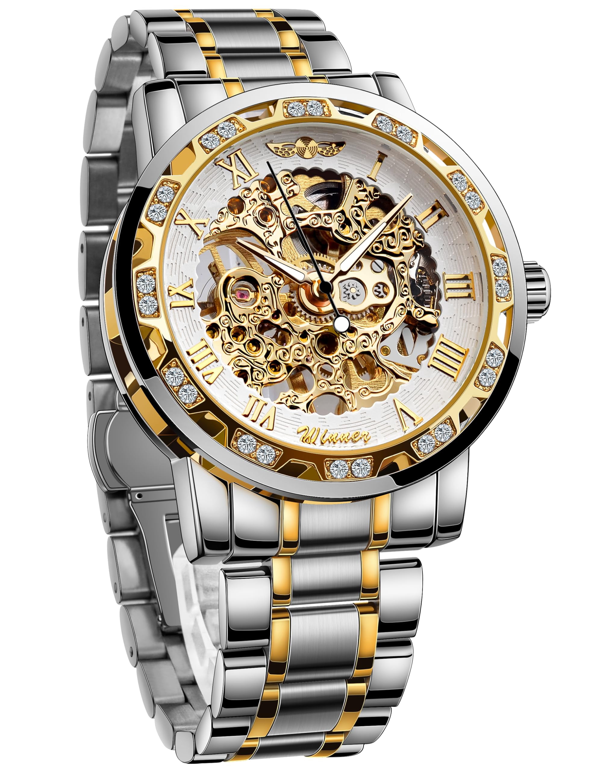 Retro Manual Mechanical Skeleton Watch with Diamond and Carving Flower ...