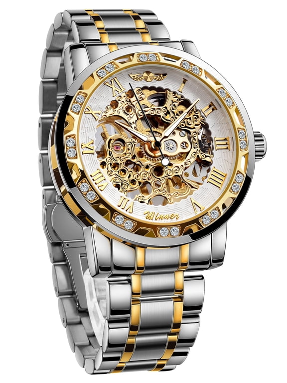 Retro Manual Mechanical Skeleton Watch with Diamond and Carving Flower Craft Men Skeleton Wrist Watch Mechanical Classic Roman Number
