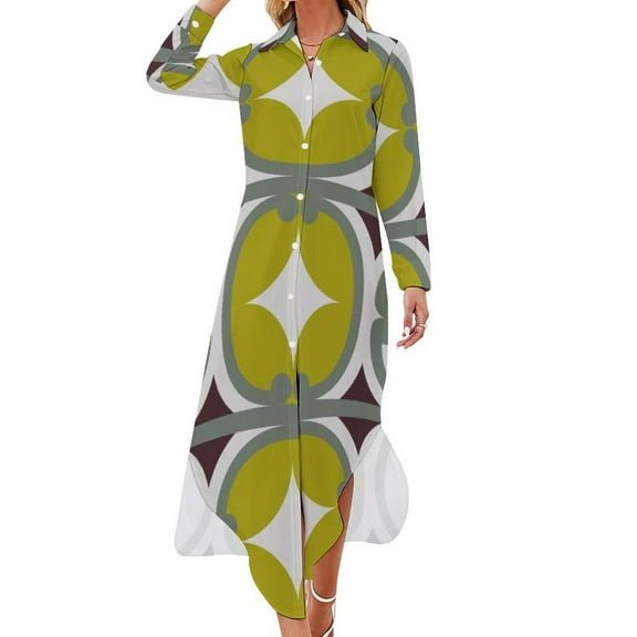 Retro Maori (lime) Long Sleeved Shirt Dress dress women elegant luxury woman dress