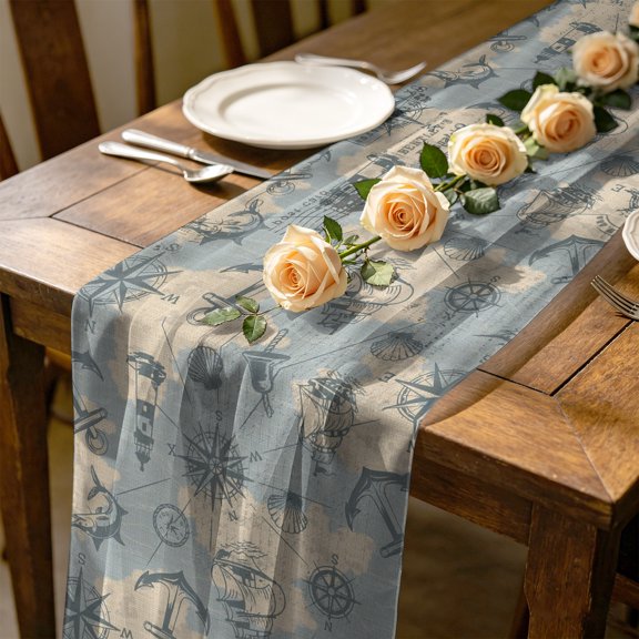 Retro Map 4.5 ft Cheesecloth Table Runner for Wedding 19"x55", Abstract Route Sailing Anchor Compass Kitchen Dinner Sheer Tulle Chiffon Dresser Scarf, Holiday Party Decorations