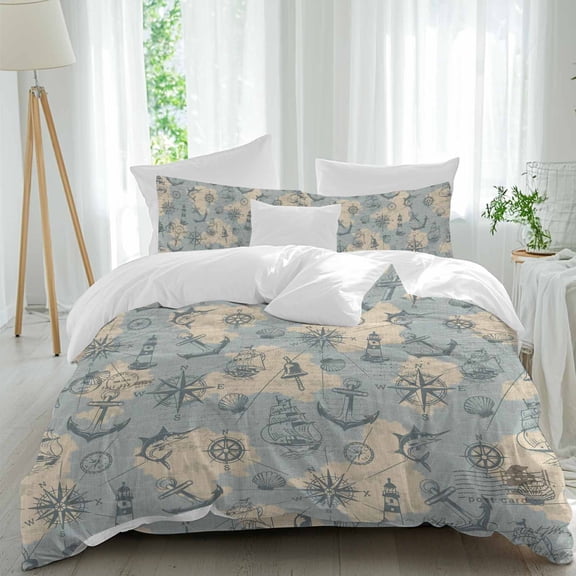 Retro Map 4 Piece Duvet Cover Set Twin Size Abstract Route Sailing Anchor Compass Soft Bedding Set Comforter Cover, 1 Duvet Cover 1 Flat Sheets and 2 Pillowcases