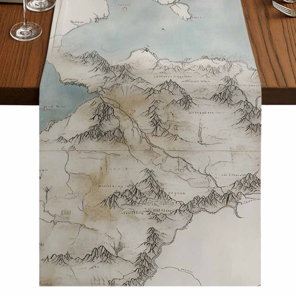Retro Map 70 Inch Table Runner, Middle Century Rustic Mountain Ocean Landscape Farmhouse Dresser Scarf Cotton & Linen Tablerunner for Dining/Kitchen Island/Holiday Party Décor 13" x 70"