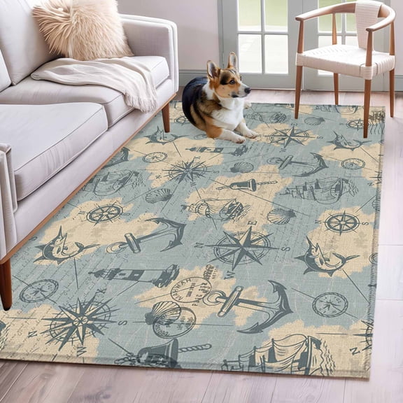 Retro Map Area Rugs 3x5 ft Abstract Route Sailing Anchor Compass Washable Rug Non Slip Indoor Carpet Absorbent Floor Mat for Living Room Bedroom Dining Room