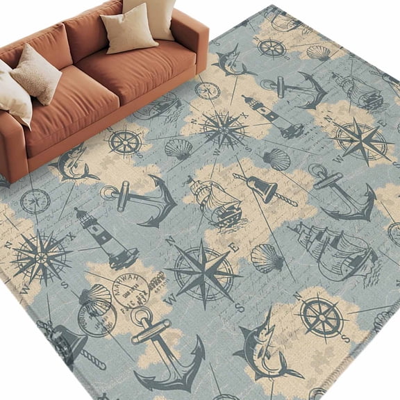 Retro Map Area&nbsp;Rug 5x7ft Abstract Route Sailing Anchor Compass Non-Slip&nbsp;Washable Square&nbsp;Rugs Soft Felt Indoor Floor Mat for Bedroom Kitchen Living Room Bathroom
