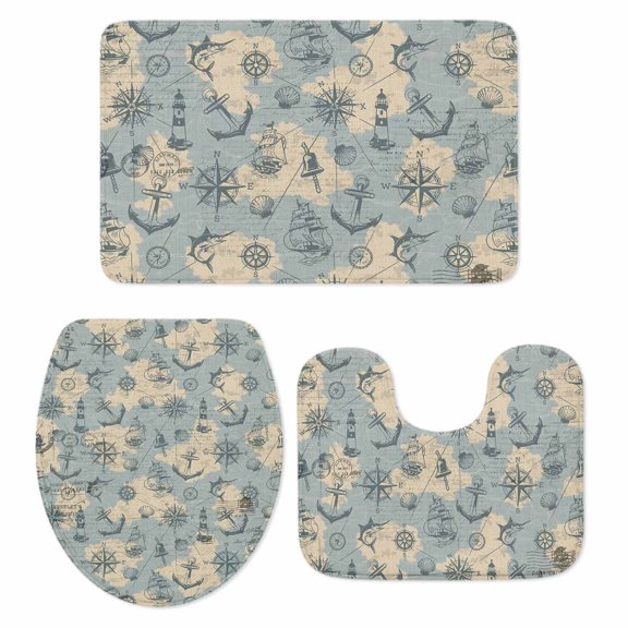 Retro Map Bathroom Rugs Set Abstract Route Sailing Anchor Compass Non Slip Absorbent Soft Bath Mats 3 Piece Set with Bathroom Rug, U-Shaped Floor Mat, Toilet Seat Cover Large Size