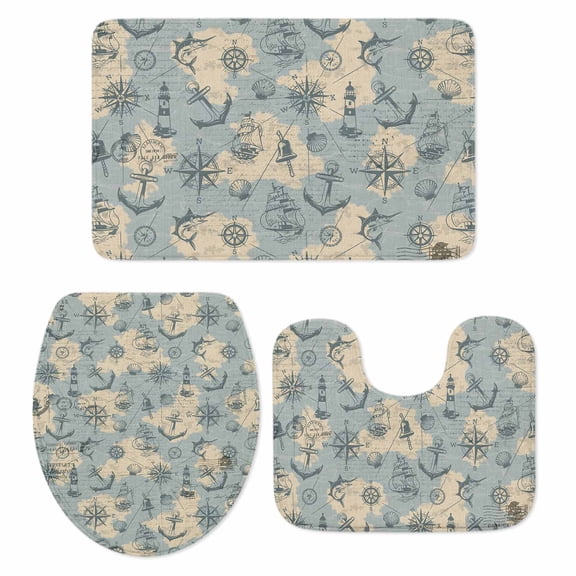 Retro Map Bathroom Rugs Set Abstract Route Sailing Anchor Compass Non Slip Absorbent Soft Bath Mats 3 Piece Set with Bathroom Rug, U-Shaped Floor Mat, Toilet Seat Cover Small Size