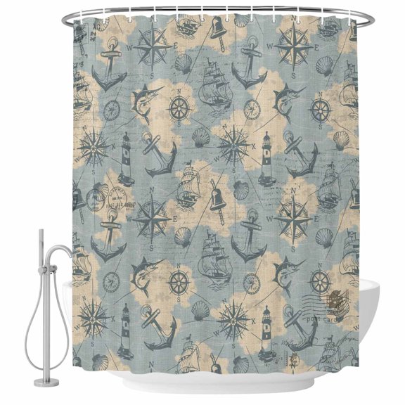 Retro Map Bathroom Shower Curtains with Hooks, Abstract Route Sailing Anchor Compass Waterproof Fabric Washable Shower Curtain for Home Hotel Bathtub Decor 60x72 Inch