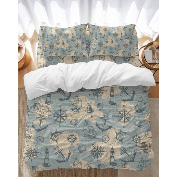 Retro Map Bedding Duvet Cover Set Twin Size 4 Pieces Abstract Route Sailing Anchor Compass Bedding Set with Zipper Closure, 1 Comforter Cover 68x90 Inches 1 Flat Sheet & 2 Pillow Cases