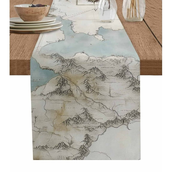 Retro Map Burlap Cotton Table Runner 13x72 Inches Long, Middle Century Rustic Mountain Ocean Landscape Farmhouse Table Runners, Outdoor Dining Tablecloths Decor for Baby Shower/Party/Wedding