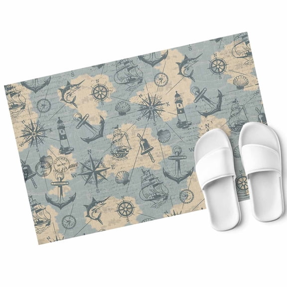 Retro Map Door Mat Abstract Route Sailing Anchor Compass Non Slip Absorbent Entrance Mat Washable Low Profile Indoor Doormat for Front Door Entryway Entry 16"x24"