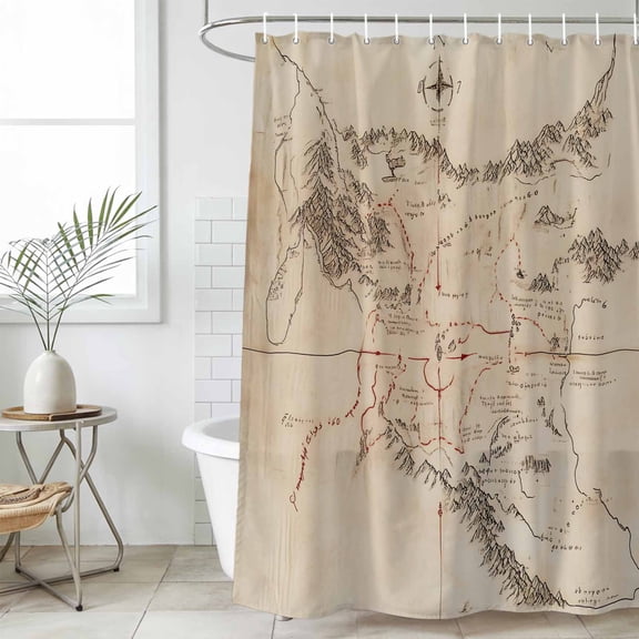 Retro Map Extra Long Shower Curtain Set, Waterproof Shower Curtains for Bathroom, Middle Century Mountain Landscape Vintage Art Washable Fabric Cloth Bath Curtain for Bathtub with Hooks 72x96 Inches