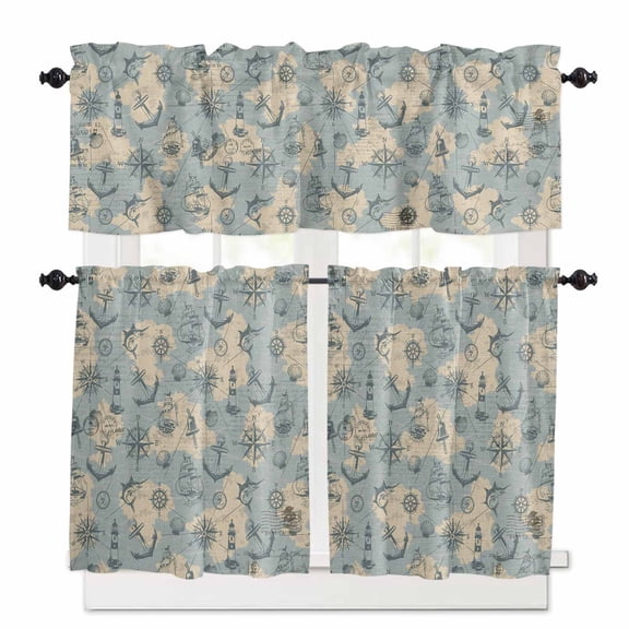 Retro Map Kitchen Curtains Valances and Tiers Set of 3, 36 Inch Length Tier Curtains and Valance Rod Pocket Valance Curtains Set for Kitchen Bathroom Small Windows