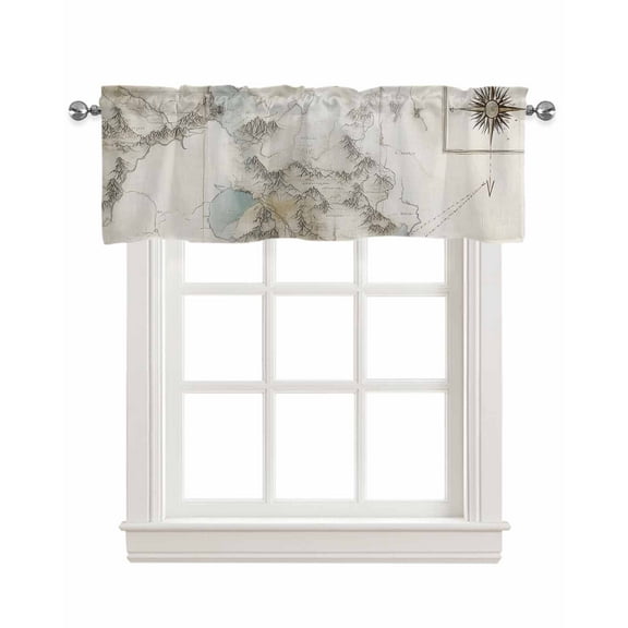 Retro Map Kitchen Valances for Windows Farmhouse Linen Window Valance Curtain for Living Room Window Treatment Middle Century Rustic Mountain Ocean Landscape Valance Rod Pocket Topper, 42 x 12 Inch