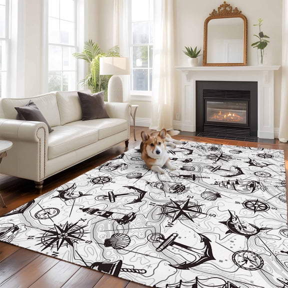 Retro Map Large Area Rugs 8x10 ft Watercolor Abstract Sailing Boat Black Line Washable Rug Non Slip Indoor Carpet Absorbent Floor Mat for Living Room Bedroom Dining Room
