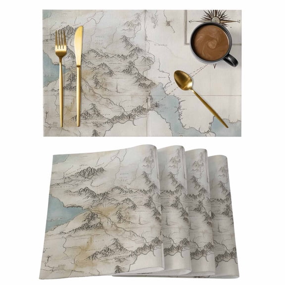 Retro Map Placemats Set of 4 Middle Century Rustic Mountain Ocean Landscape Place Mats Indoor Wipeable Table Mats Washable Cloth Dining Table Placemats for Kitchen Holiday Party Home Decor 13x19 Inch