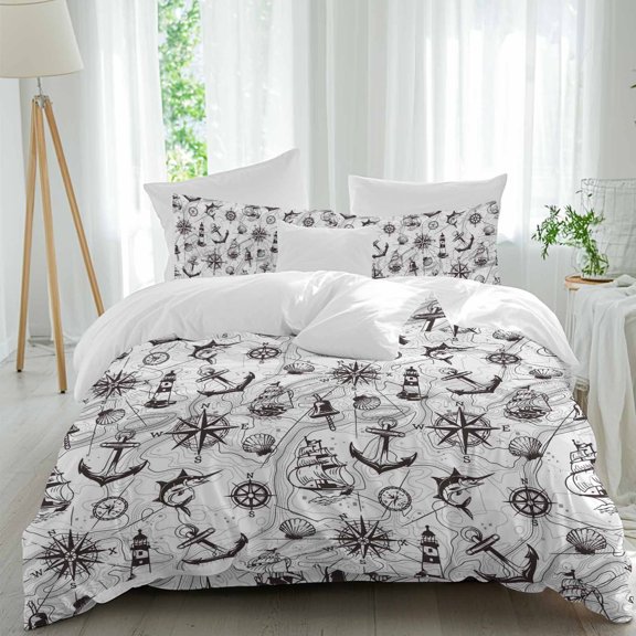 Retro Map Queen Size Comforter Set, Watercolor Abstract Sailing Boat Black Line Bedding for All Seasons, 4 Pcs Bed Set, 1Quiltcover (90"x92") ,1Sheet(94"x116"), 2Pillowcases (30"x20")