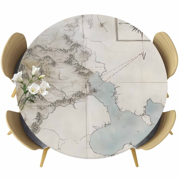 Retro Map Round Tablecloth 36-44 Inch Round Fitted Table Cloth with Elastic Edge, Middle Century Rustic Mountain Ocean Landscape Waterproof Table Cover Protector for Outdoor Picnic Party Dining