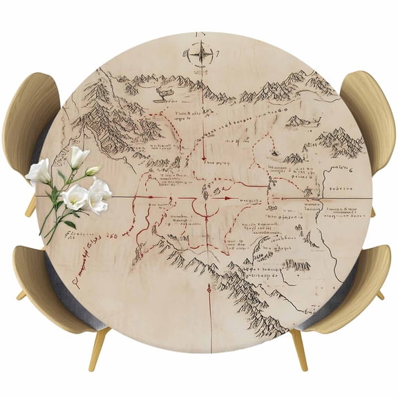 Retro Map Round Tablecloth 45-54 Inch Round Fitted Table Cloth with Elastic Edge, Middle Century Mountain Landscape Vintage Art Waterproof Table Cover Protector for Outdoor Picnic Party Dining