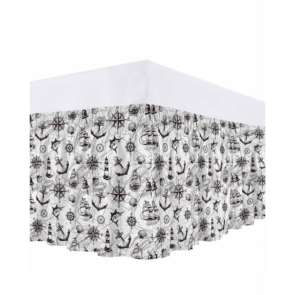 Retro Map Ruffle Bed Skirt Queen Size Watercolor Abstract Sailing Boat Black Line Adjustable Elastic Dust Bed Skirts Wrap Around Bedskirt Wrinkle Free Easy Fit with 16 Inch Drop