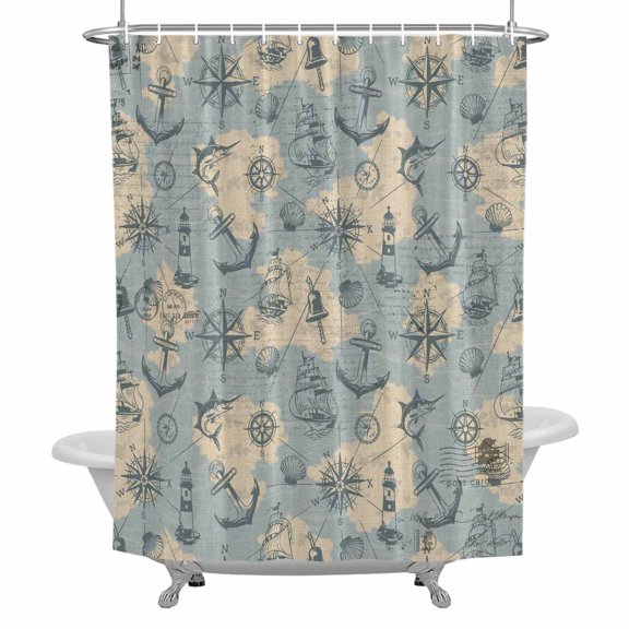 Retro Map Shower Curtain, Abstract Route Sailing Anchor Compass Waterproof Fabric Bathroom Shower Curtains Set with Hooks, 72 X 72 Inch Long