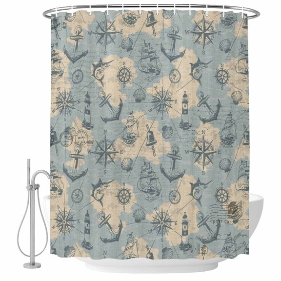 Retro Map Shower Curtain Abstract Route Sailing Anchor Compass Waterproof Fabric Shower Curtain Set with 12 Hooks, Bathroom Curtains for Farmhouse Home Hotel Holiday Decor, 36" W x 72" L