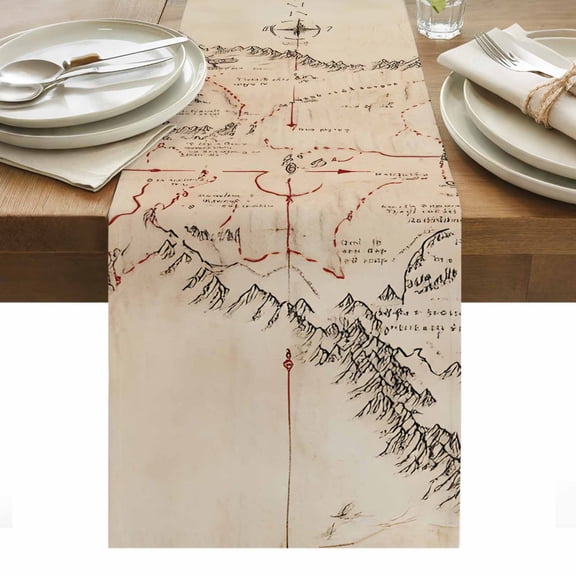 Retro Map Table Runner - 108 Inch Long, Kitchen Dining Table Runner Dresser Scarves, Middle Century Mountain Landscape Vintage Art Farmhouse Decor for Coffee Tables Wedding Party Banquet
