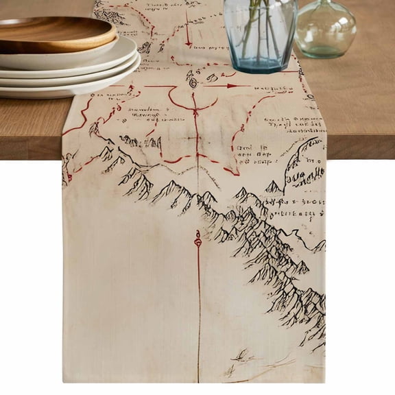 Retro Map Table Runner, Middle Century Mountain Landscape Vintage Art Washable Cotton Linen Table Runners 36 Inches Long, Dresser Scarf Runner for Nightstand/End Tables/Round Tables 13''x36''