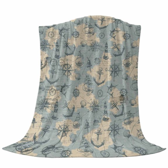 Retro Map Throw Flannel Blanket Abstract Route Sailing Anchor Compass Super Soft Cozy Bed Blanket, Lightweight Plush Fuzzy Bed Throw for Bedroom Sofa Couch Living Room 30x40In,