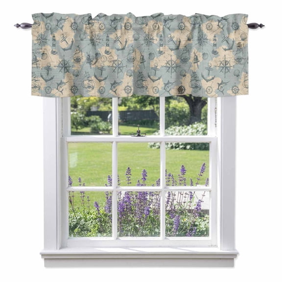 Retro Map Valances for Windows, Abstract Route Sailing Anchor Compass Valance Window Treatment Rod Pocket Short Curtains Valances for Kitchen Bathroom 54"W x 18"L