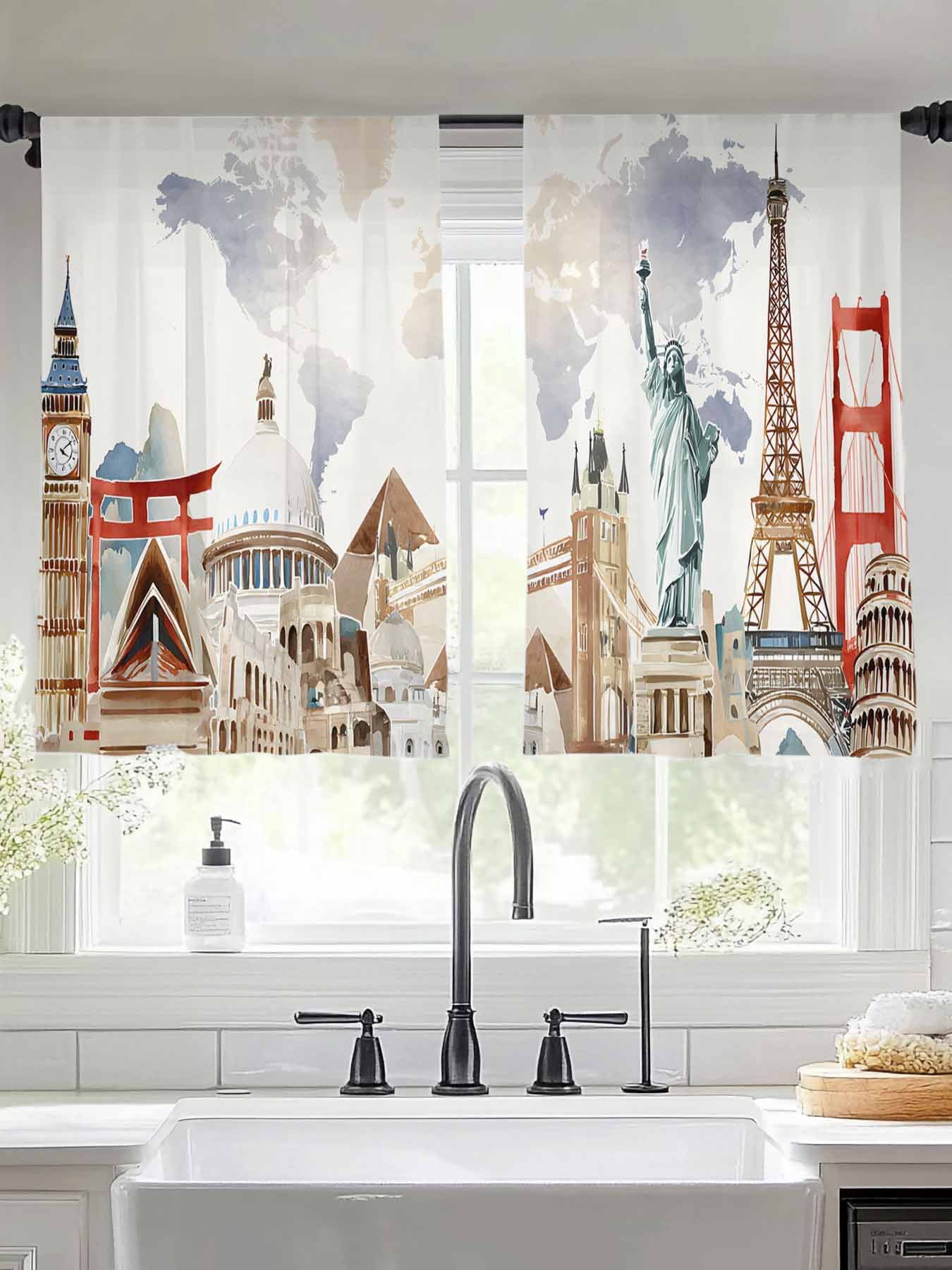 Window Map Rod Retro Maps of The World Tourism Chiffon Sheer Curtains 45 Inches Long ...