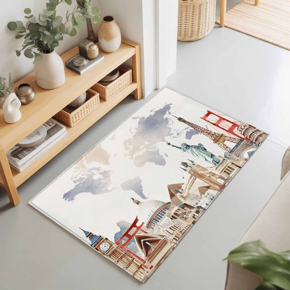Retro Maps of The World Tourism Rectangle Area Rug 2x3ft,Living Room Rug Non-Slip Washable Circle Rugs Pad,Abstract Graffiti Texture Soft Floor Carpet for Bedroom Dining Room