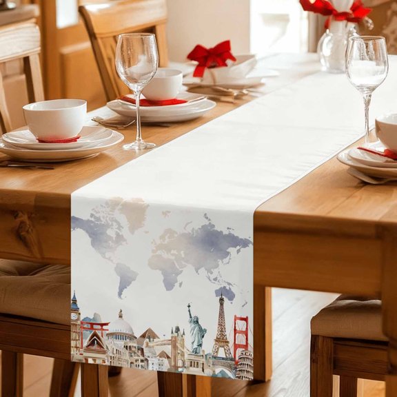 Retro Maps of The World Tourism Table Runner 36 Inches Long,Kitchen Dining Tablerunners Abstract Graffiti Texture Linen Table Runners Dresser Scarves for Home Dinner Wedding Holiday Party Decor