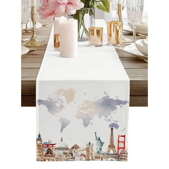 Retro Maps of The World Tourism Table Runner-60 Inch Long Abstract Graffiti Texture Table Runners Linen Burlap Tablerunner for Kitchen Dining Room Holiday Party