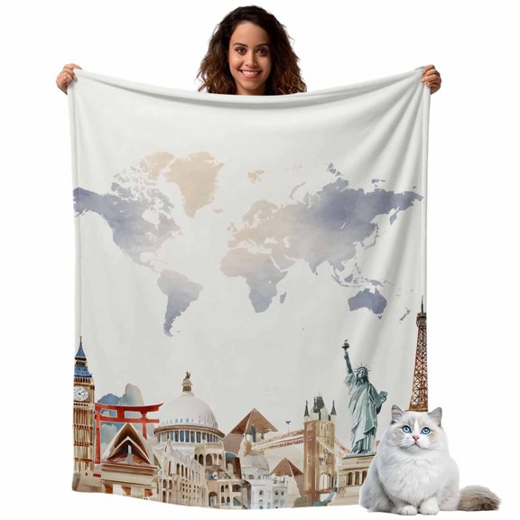 Retro Maps of The World Tourism Throw Blanket Flannel Fleece Throws, Abstract Graffiti Texture Lightweight Super Soft Warm Blankets for Couch Sofa Bed All Season Use, 40x50 in