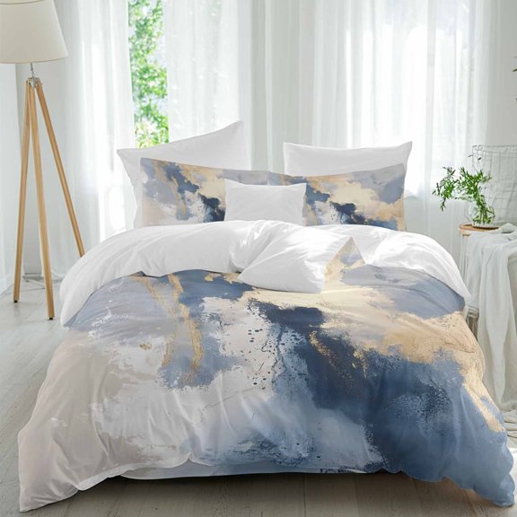 Retro Marble Texture Duvet Cover Set King Size, Blue Yellow Fluid Wash Painting 4 Piece Soft Microfiber Bedding Set with 1 Duvet Cover, 1 Flat Sheet, 2 Pillowcases