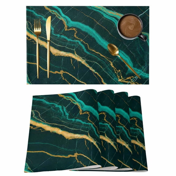 Retro Marble Texture Placemats Set of 4 Watercolor Green Lines Art Heat Insulation Washable Place Mats, Rustic Non-Slip Table Mats for Dining Table Party Kitchen Decor,13x19 Inch