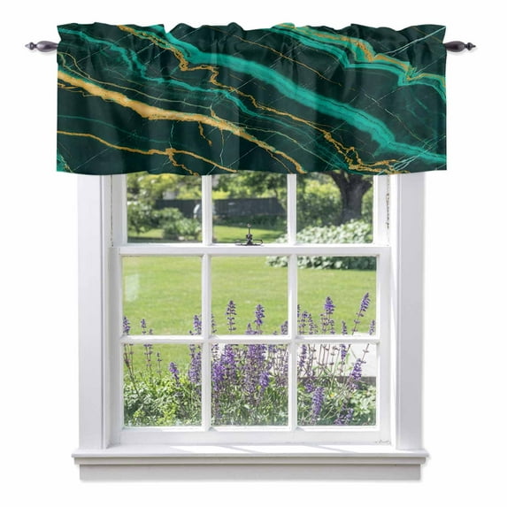 Retro Marble Texture Valance Curtain Watercolor Green Lines Art Window Valances Rod Pocket Short Curtains Window Treatments for Kitchen Bedroom Bathroom Laundry 60" x 18"