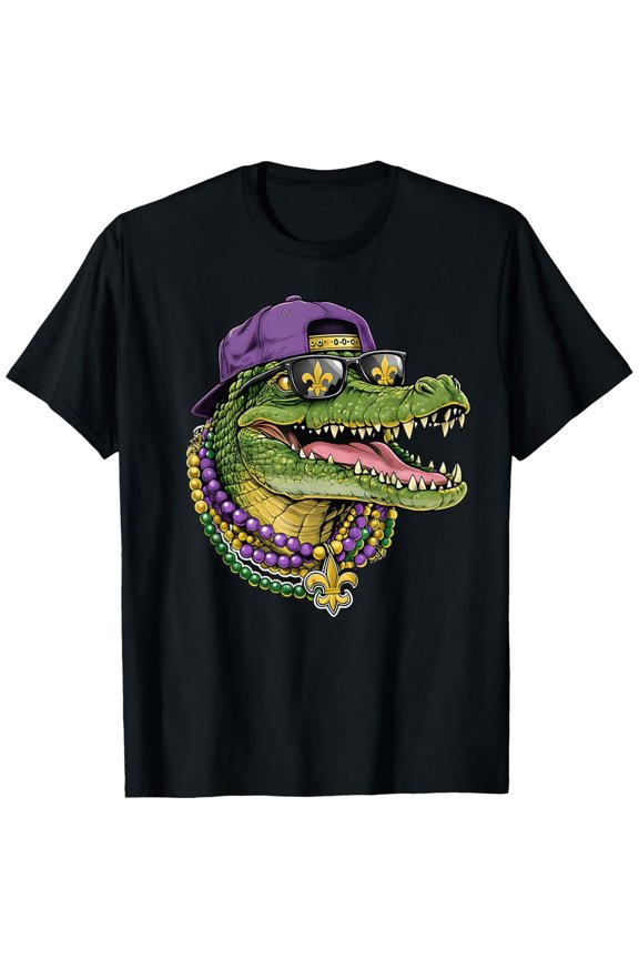 Retro Mardi Gras Alligator Graphic Tee - Funny New Orleans Gator Party Shirt - Unisex Fleur De Lis Carnival Apparel - Purple Green Gold Festive Top