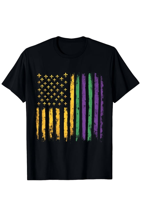 Retro Mardi Gras Fleur De Lis American Flag T-Shirt Vintage New Orleans Carnival Party Apparel Distressed NOLA Festive Graphic Tee for Men Women