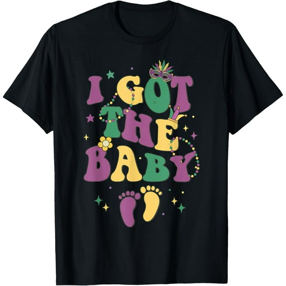 Retro Mardi Gras I Got The Baby Pregnancy Announcement T-ShirtMen's and women's gift, black and white T-shirt, size: Extra large S-4XL