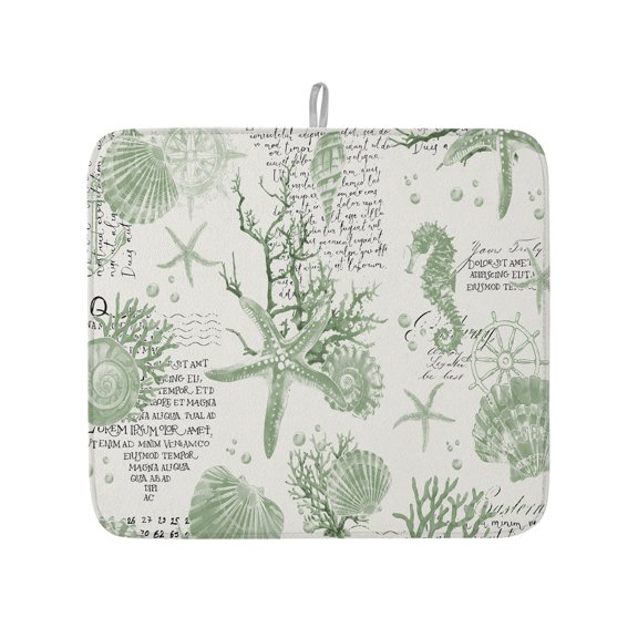 Retro Marine Life Dish Drying Mats for Kitchen Counter,Absorbent Microfiber Dish Drainer Rack Mat Sage Green Starfish Shells Coral on Letter Drying Pad for Sinks,Utensils,Countertops,16x18in