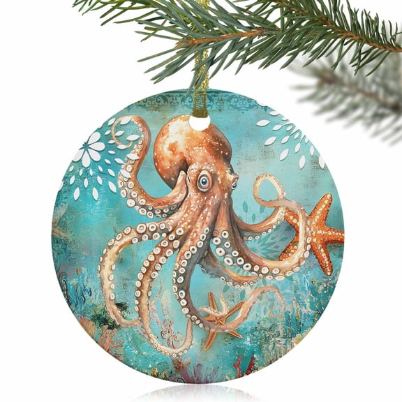 Retro Marine Life Octopus Christmas Ceramic Ornament 2025,3" Round Xmas Tree Hanging Accessories with Gold Ribbon