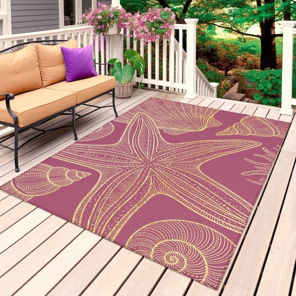 Retro Marine Life Outdoor Rug for Patio/Deck/Porch, Non-Slip Large Area Rug 6 x 9 Ft, Summer Ocean Starfish Shell Conch Gold Pink Indoor Outdoor Rugs Washable Area Rugs, Camping Rug Carpet Runner