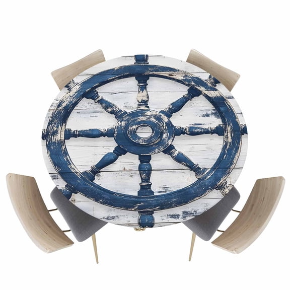 Retro Marine Sailing Blue Rudder Fitted Round Tablecloths Elastic Edged Table Covers 36"-44",Nautical Vintage Wood Grain Waterproof Dining Room Kitchen Table Cloth for Holiday Party Tables Decor