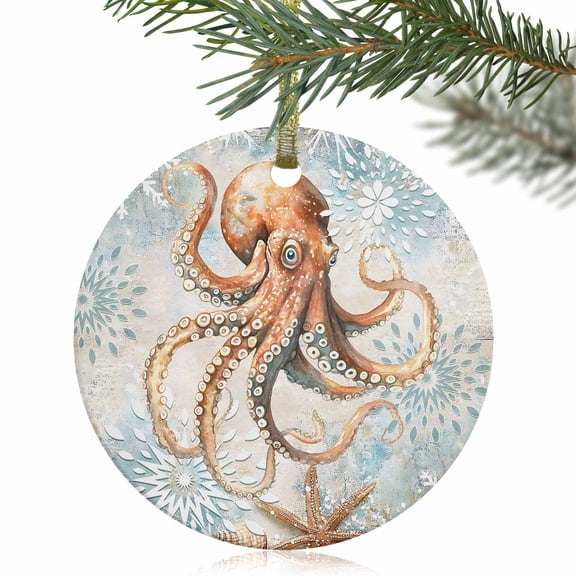 Retro Marine Starfish Nautical Christmas Ceramic Ornament 2025,3" Round Xmas Tree Hanging Accessories with Gold Ribbon