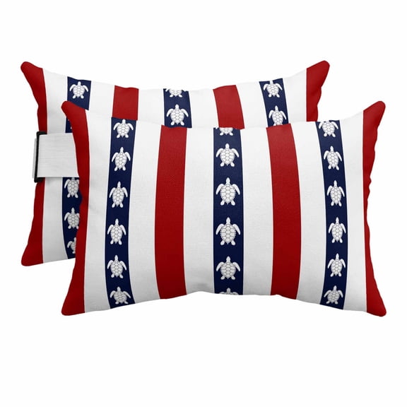 Retro Marine Turtle Outdoor Pillow for Chaise Lounge Chair,Head Resting Pillow with Insert, Red Blue White Geometric Stripe Waterproof Lumbar Pillows for Patio Chaise Beach Chair,11"x16" 2 Pack