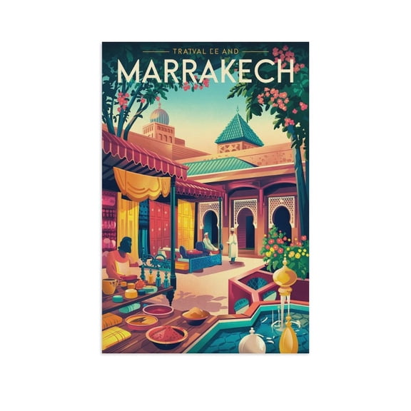 Retro Marrakech Cityscape Vintage Moroccan Tourism Wall Art for Home Canvas Poster